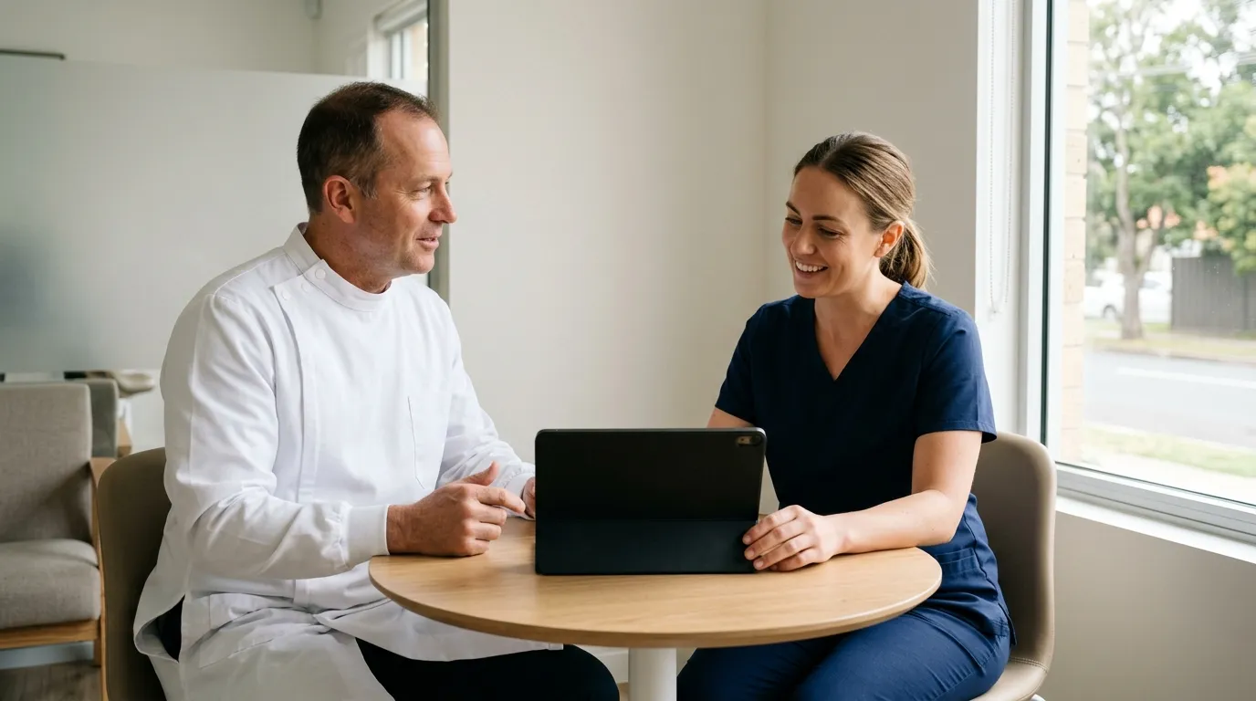 A dentist and dental team member reviewing a tablet together in a bright practice