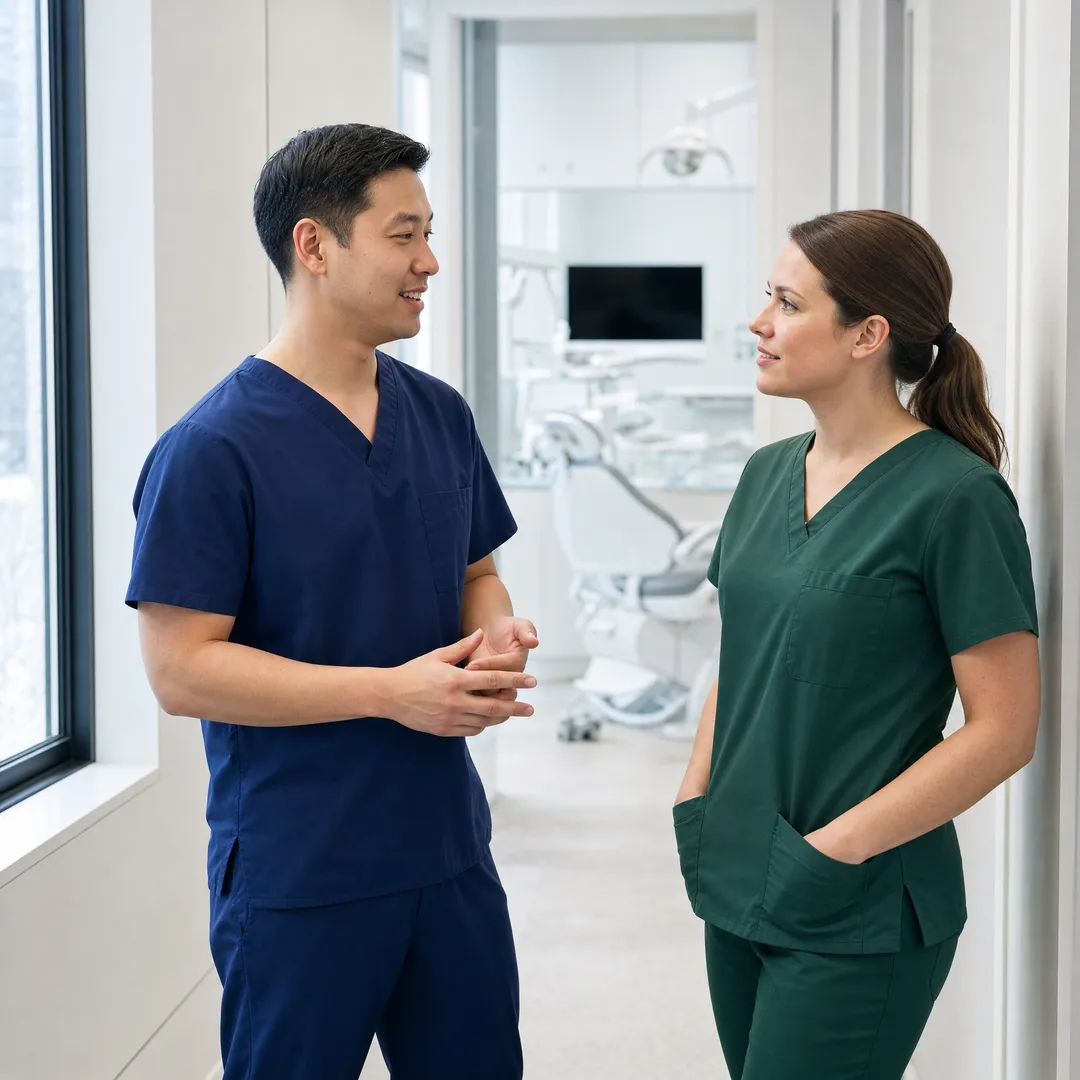 A dentist and a dental hygienist talking in a bright practice hallway outside an operatory.