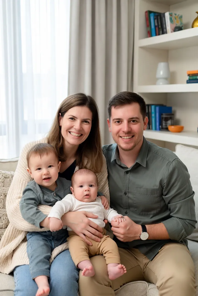 A young family — two parents with two small children — sitting together on a couch at home, smiling