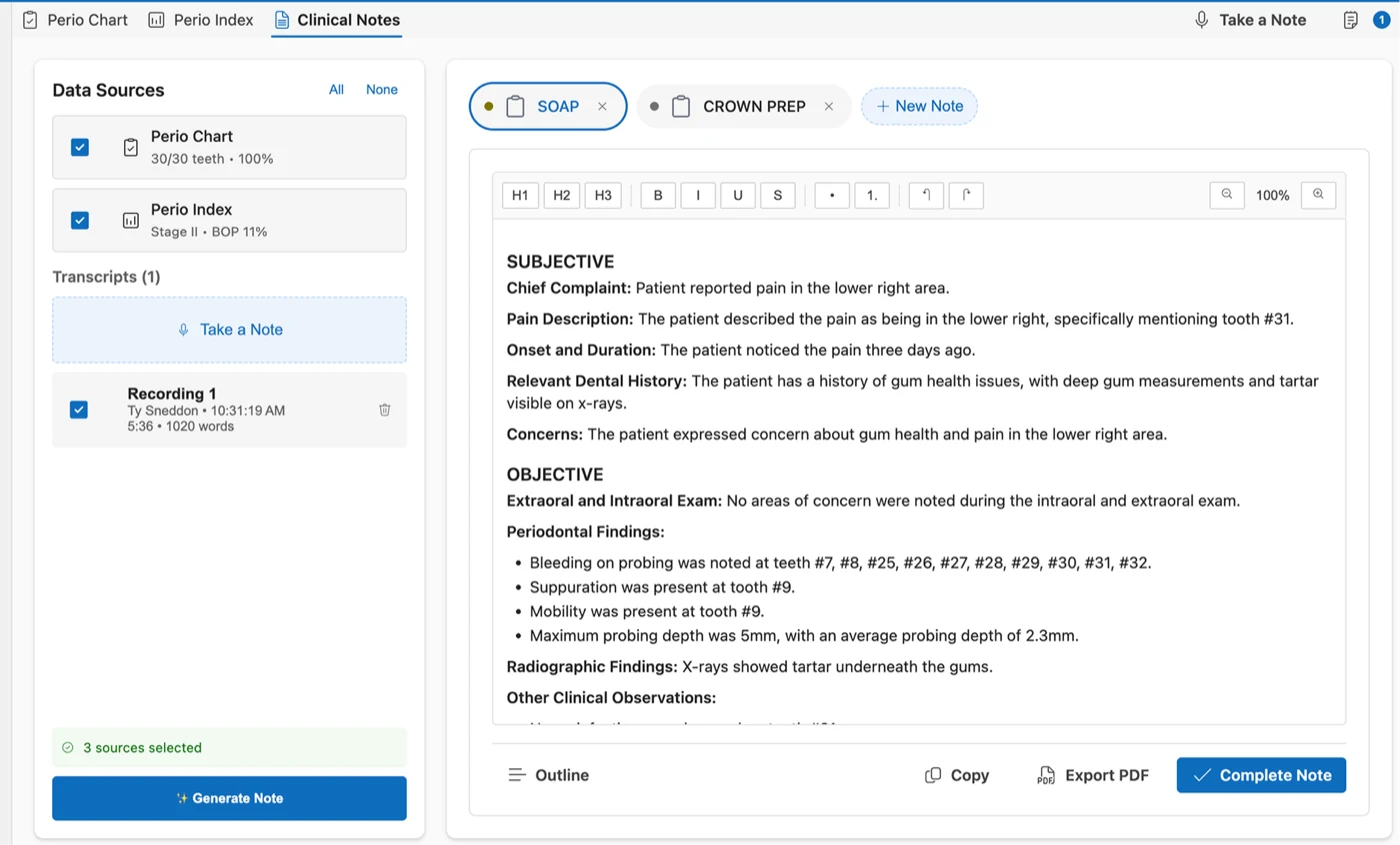 Alta Notes workspace showing source recordings alongside an editable clinical note